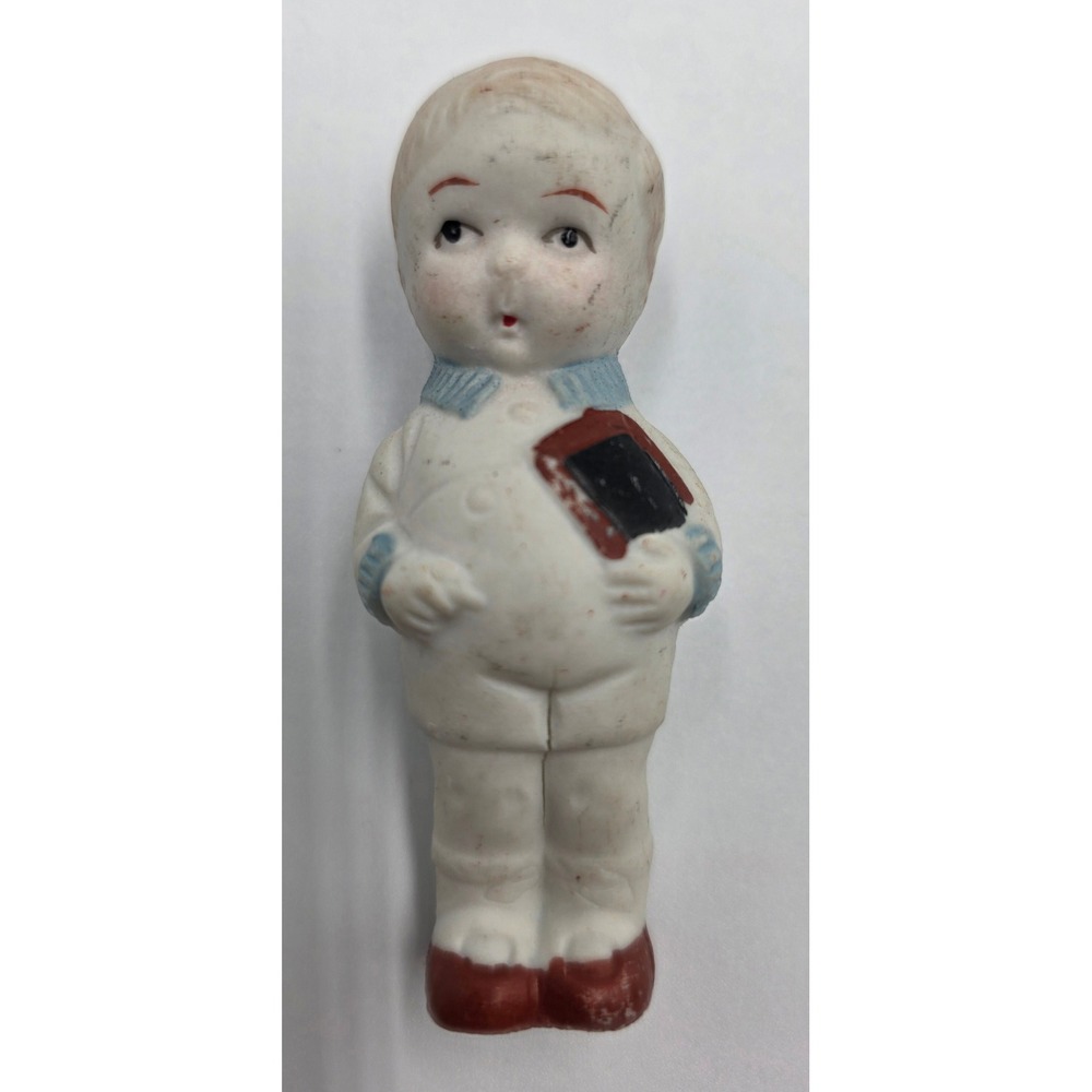 Vintage 1930s Japan Bisque Schoolboy Doll 3.25" Holding Book Made in Japan